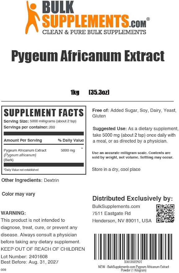 BulkSupplements.com Pygeum Africanum Extract Powder - from Pygeum Bark, Nutritional Supplement - Gluten Free - 5g per Serving, 1kg (2.2 lbs) (Pack of 1)
