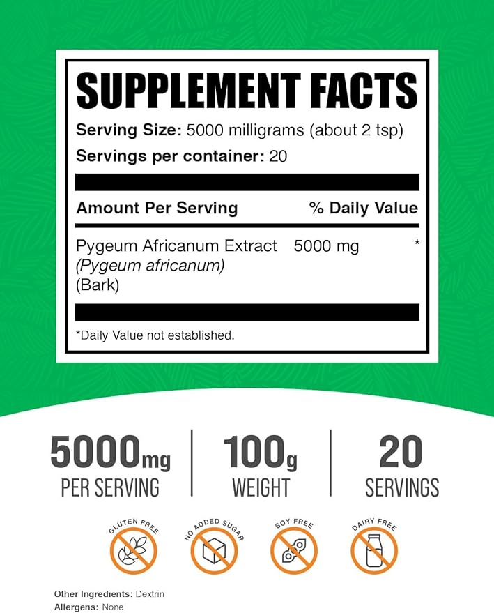 BulkSupplements.com Pygeum Africanum Extract Powder - from Pygeum Bark, Nutritional Supplement - Gluten Free - 5g per Serving, 100g (3.5 oz) (Pack of 1)