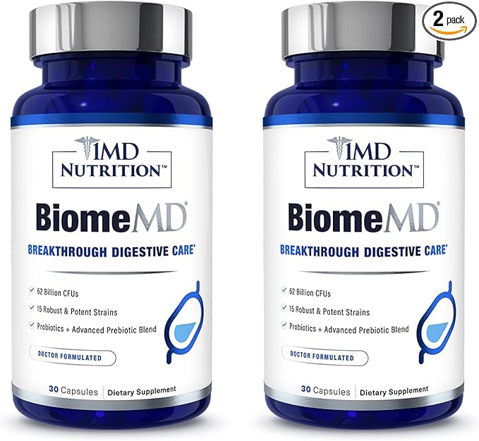 1MD Nutrition BiomeMD Probiotics | 62 Billion CFUs, 15 Comprehensive Strains - Pro & Prebiotics | Doctor-Formulated for Digestive Health & Immune Support | 60 Capsules