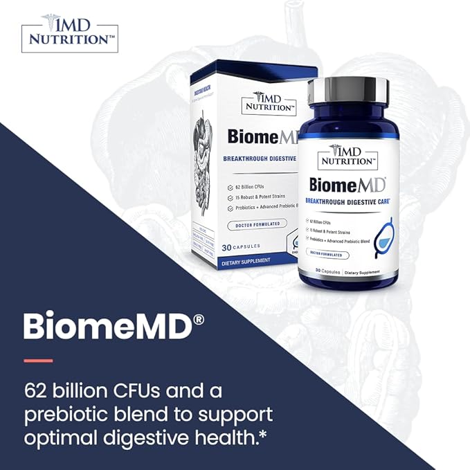 1MD Nutrition BiomeMD Probiotics | 62 Billion CFUs, 15 Comprehensive Strains - Pro & Prebiotics | Doctor-Formulated for Digestive Health & Immune Support | 60 Capsules