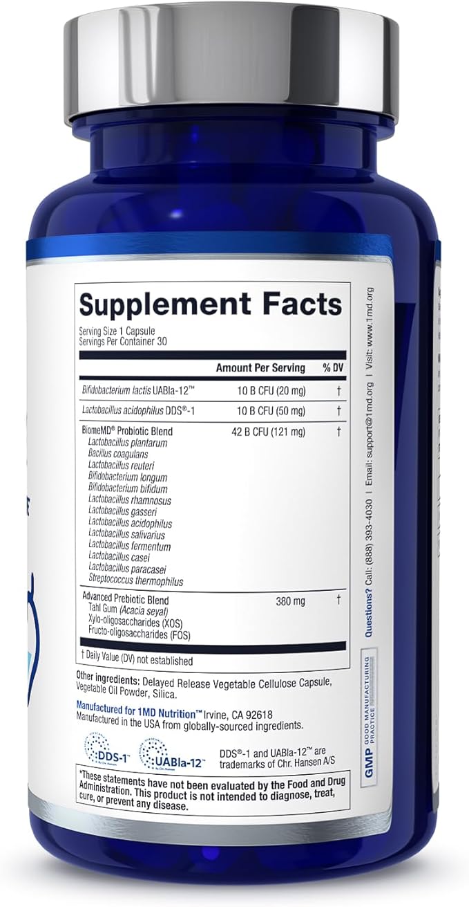 1MD Nutrition BiomeMD Probiotics | 62 Billion CFUs, 15 Comprehensive Strains - Pro & Prebiotics | Doctor-Formulated for Digestive Health & Immune Support | 60 Capsules