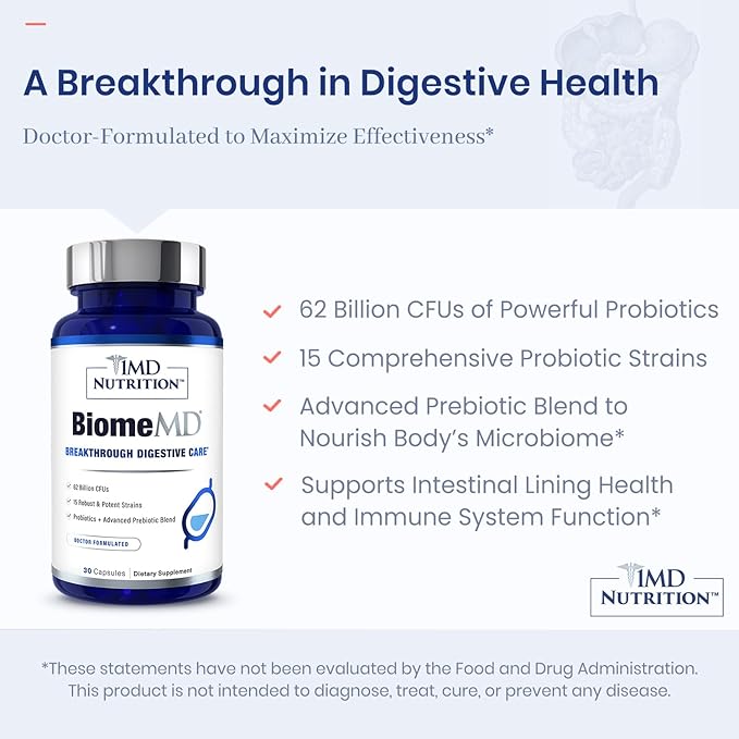 1MD Nutrition BiomeMD Probiotics | 62 Billion CFUs, 15 Comprehensive Strains - Pro & Prebiotics | Doctor-Formulated for Digestive Health & Immune Support | 60 Capsules