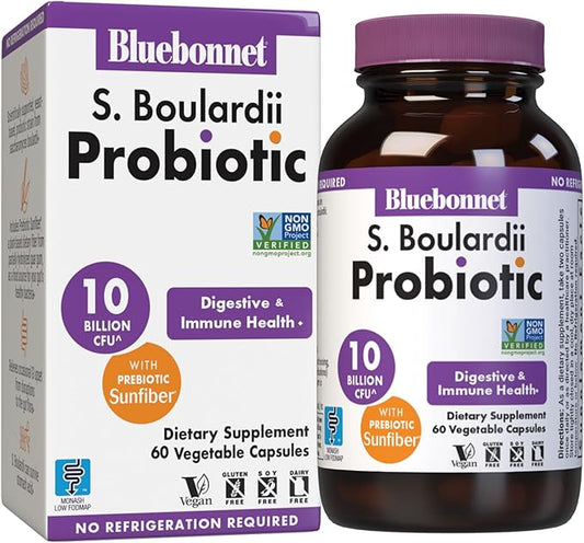 BlueBonnet Nutrition S. Boulardii Probiotic 10 Billion CFU^ w/Prebiotic Sunfiber – Shelf Stable - for Women & Men Digestion, Gut, Mood* - Non-GMO, Vegan, Free of Gluten, Dairy & Soy - 30 Servings