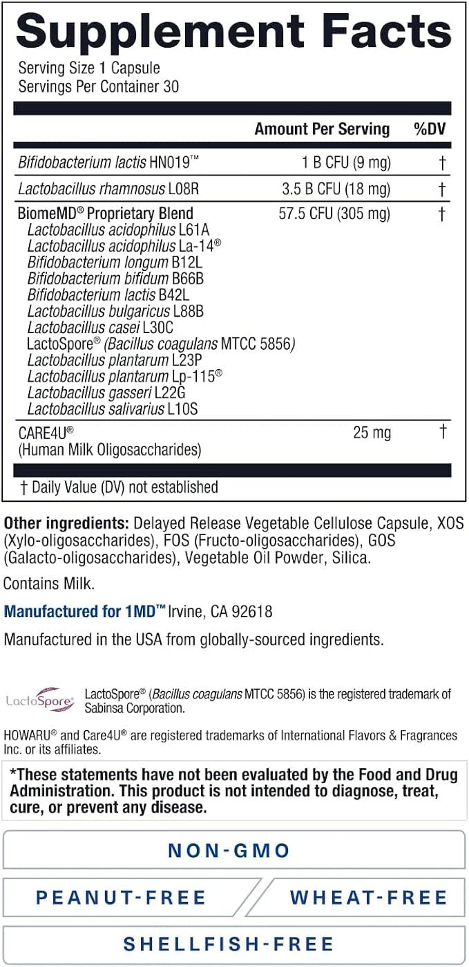1MD Nutrition BiomeMD Probiotics | 62 Billion CFUs, 15 Comprehensive Strains - Pro & Prebiotics | Doctor-Formulated for Digestive Health & Immune Support | 30 Capsules