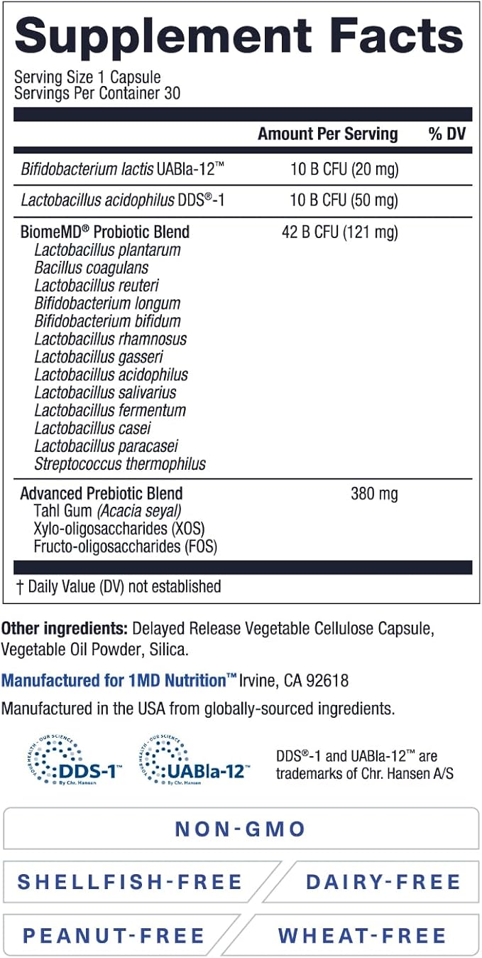 1MD Nutrition BiomeMD Probiotics | 62 Billion CFUs, 15 Comprehensive Strains - Pro & Prebiotics | Doctor-Formulated for Digestive Health & Immune Support | 60 Capsules