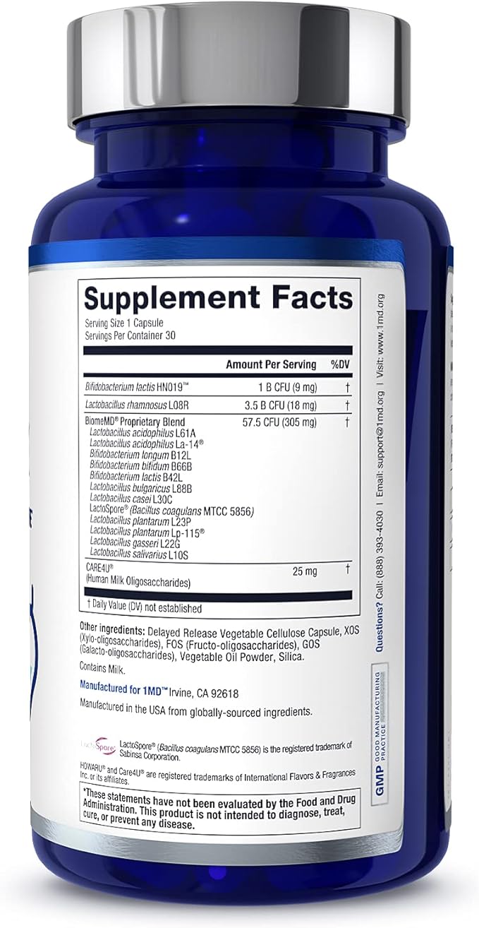 1MD Nutrition BiomeMD Probiotics | 62 Billion CFUs, 15 Comprehensive Strains - Pro & Prebiotics | Doctor-Formulated for Digestive Health & Immune Support | 30 Capsules