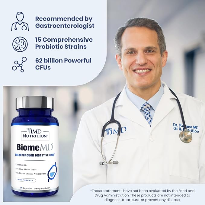 1MD Nutrition BiomeMD Probiotics | 62 Billion CFUs, 15 Comprehensive Strains - Pro & Prebiotics | Doctor-Formulated for Digestive Health & Immune Support | 30 Capsules