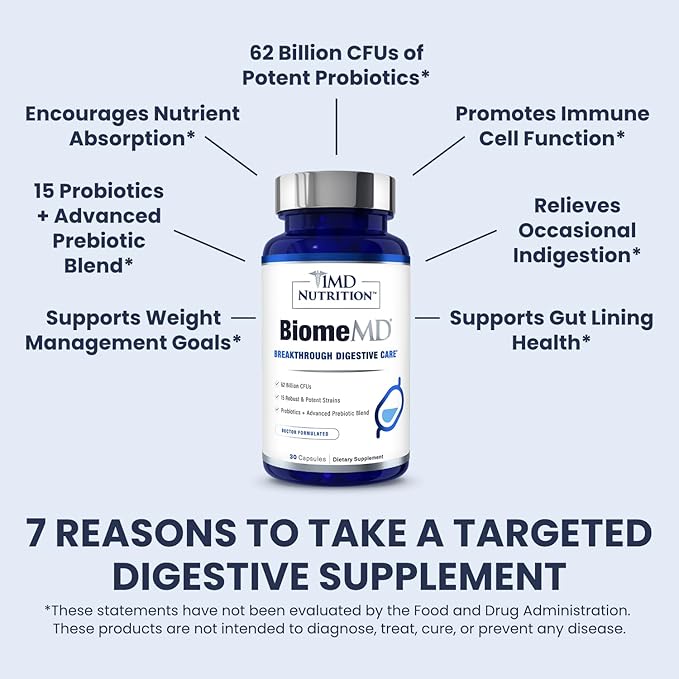 1MD Nutrition BiomeMD Probiotics | 62 Billion CFUs, 15 Comprehensive Strains - Pro & Prebiotics | Doctor-Formulated for Digestive Health & Immune Support | 60 Capsules