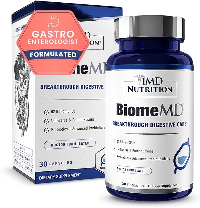 1MD Nutrition BiomeMD Probiotics | 62 Billion CFUs, 15 Comprehensive Strains - Pro & Prebiotics | Doctor-Formulated for Digestive Health & Immune Support | 30 Capsules