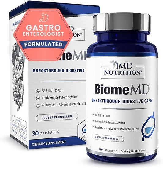 1MD Nutrition BiomeMD Probiotics | 62 Billion CFUs, 15 Comprehensive Strains - Pro & Prebiotics | Doctor-Formulated for Digestive Health & Immune Support | 30 Capsules